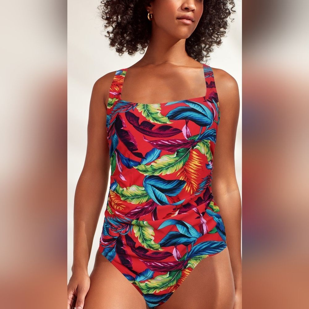 Caribbean Joe Red Tropical Print One Piece Swimsuit Plus SIze 14 NWT $108